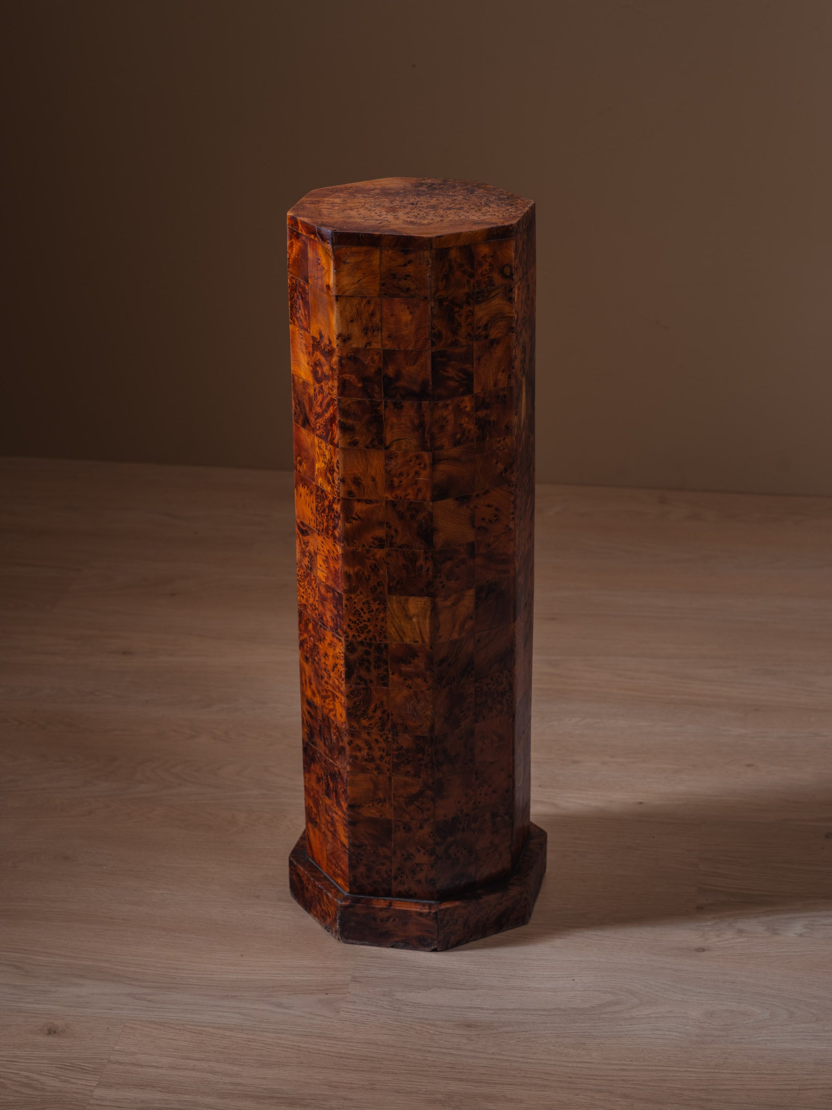 Vintage art deco style hexagonal thuya burl plinth