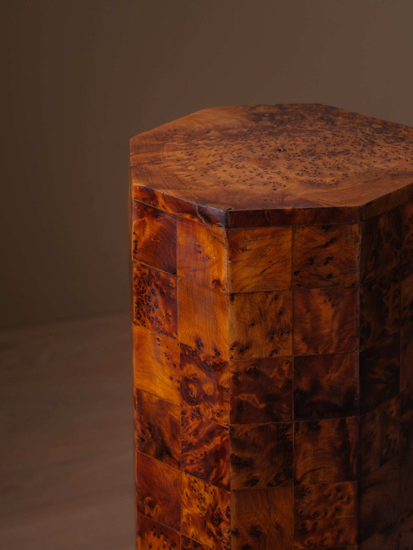 Vintage art deco style hexagonal thuya burl plinth