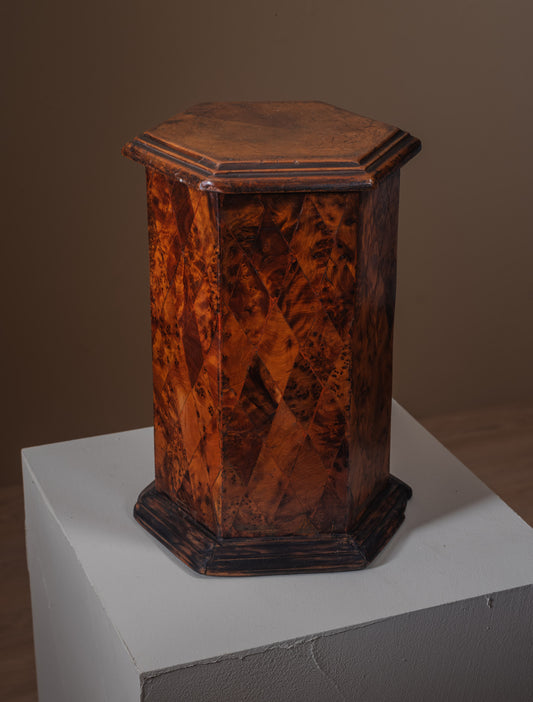 Small vintage hexagonal plinth in thuya burl wood