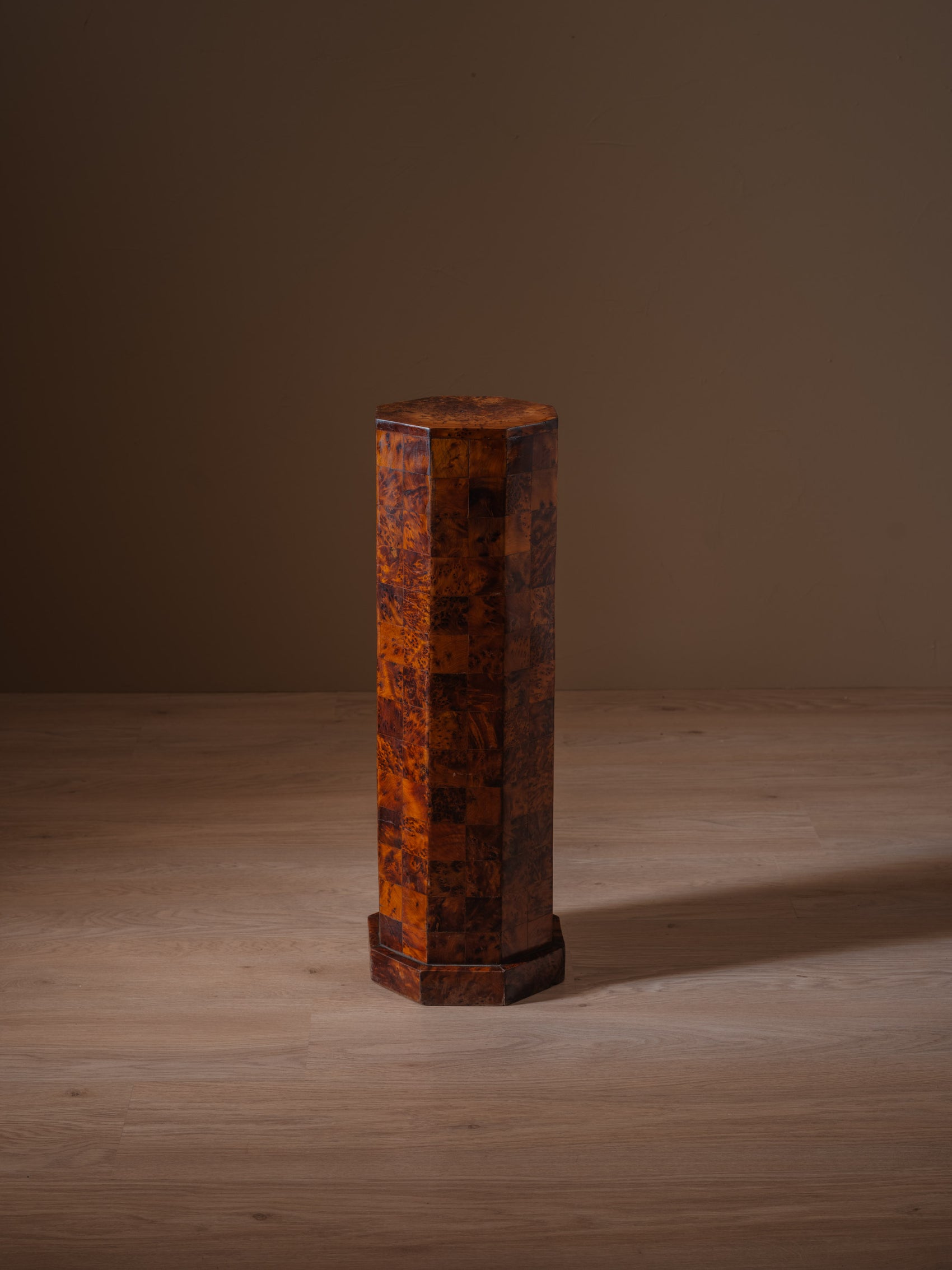 Vintage art deco style hexagonal thuya burl plinth