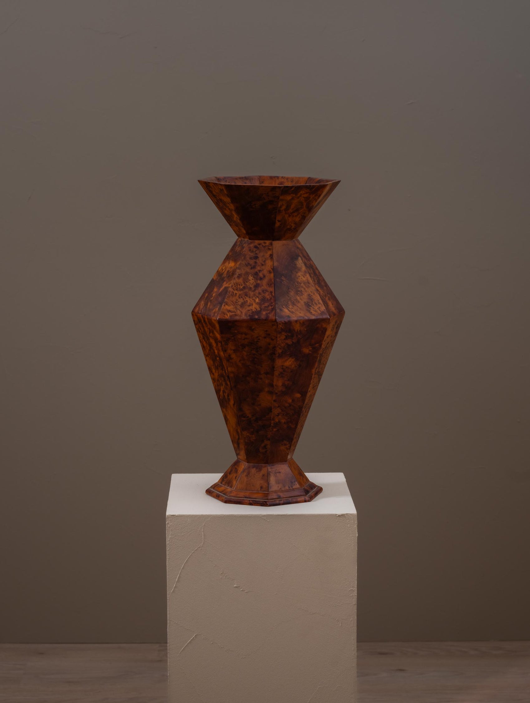 Vintage hexagonal vase in thuya burl wood